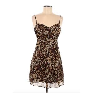 GUESS Brown Leopard Print Chiffon Smocked Sleeveless Mini Cocktail Dress 1 XS